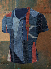 Retro Cowboy Bull Head Patchwork Print Herren Kurzarm T-Shirt mit V-Ausschnitt